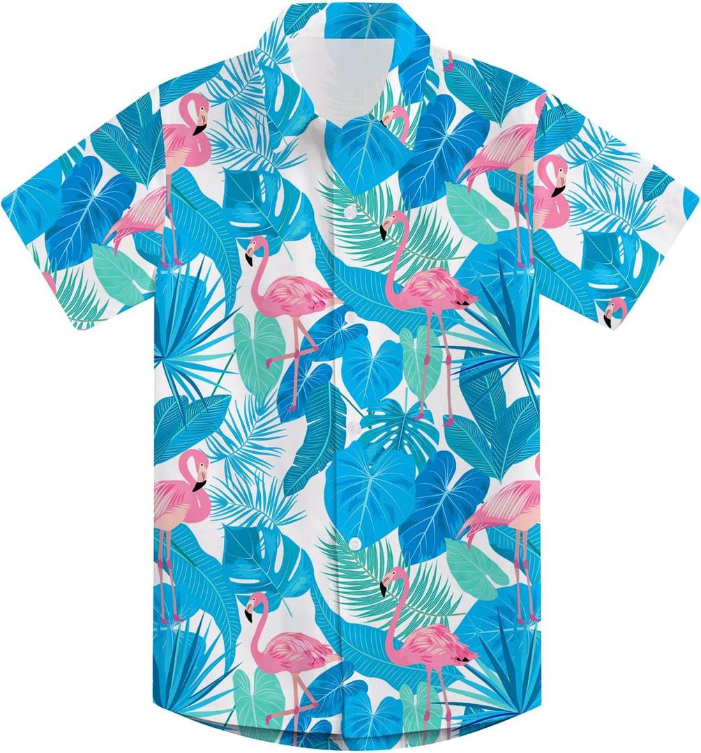 2-10T Boys Novelty Hawaiian Short Sleeve Button Down Dress Shirt (Blue)