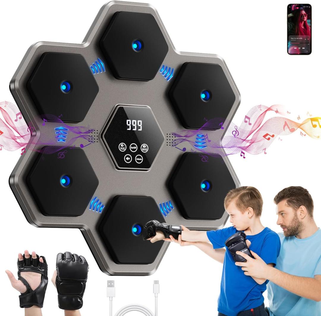 Music Boxing Machine with Gloves for Adults & Kids,5 Button LCD Touch Control with One Button Mute & Rhythm Recognition,17.3'' Large Size Wall Mounted Boxing Target for Home Gym,HIFI Bluetooth Speaker (grey)