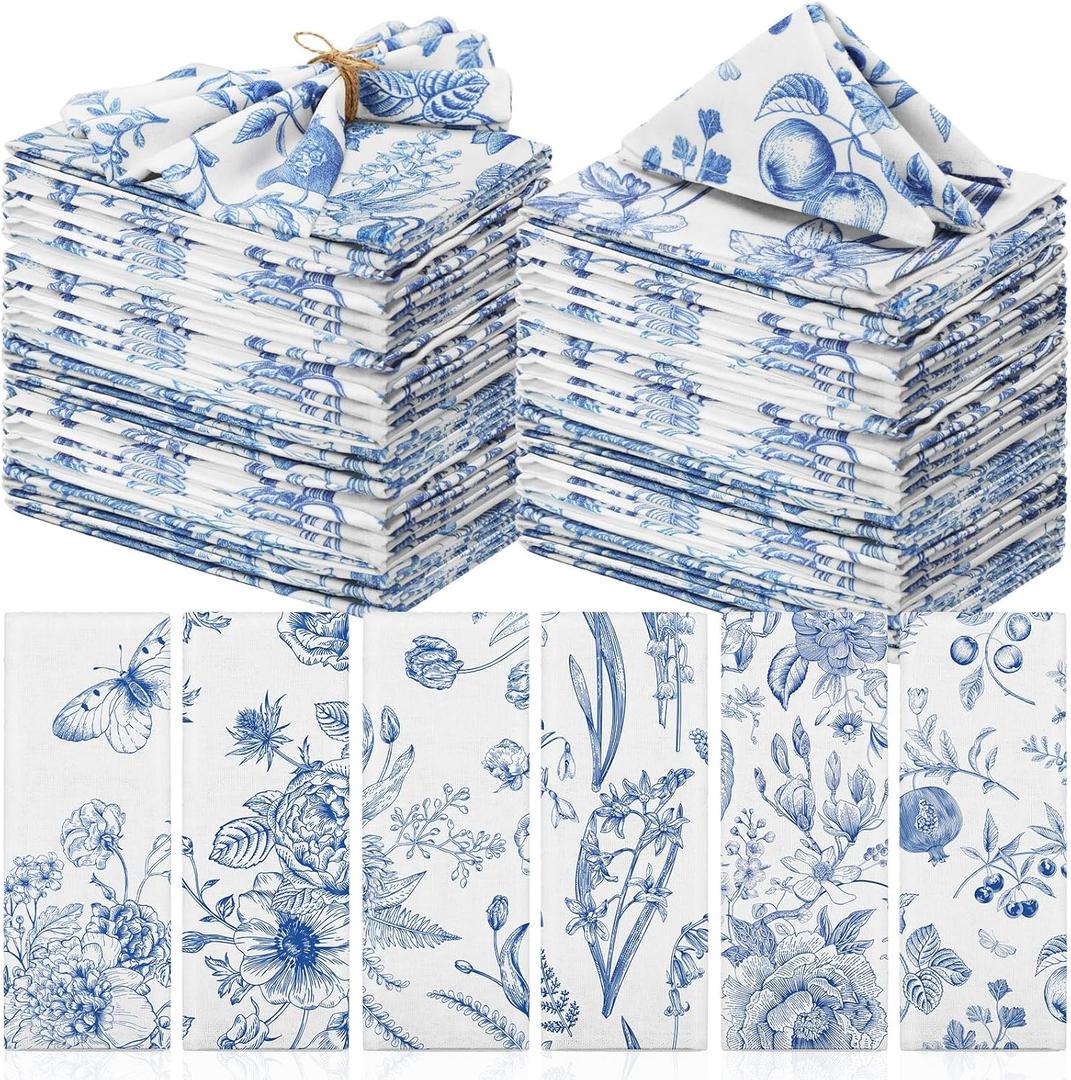 VitalCozy Cloth Napkins 15 x 15 Inch Reusable Soft Fabric Napkins Washable Plants Floral Square Napkin Cotton Dinner Towel Decorative for Summer Fall Party(Blue White Flower,48 Pcs)