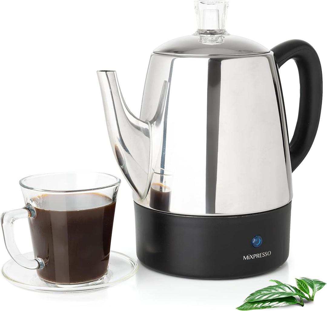 Mixpresso Small Electric Percolator Coffee Pot 4 Cup Stainless Steel - Coffee Percolator Electric with Keep Warm Function - Auto Shut-Off for Safe Daily Brewing