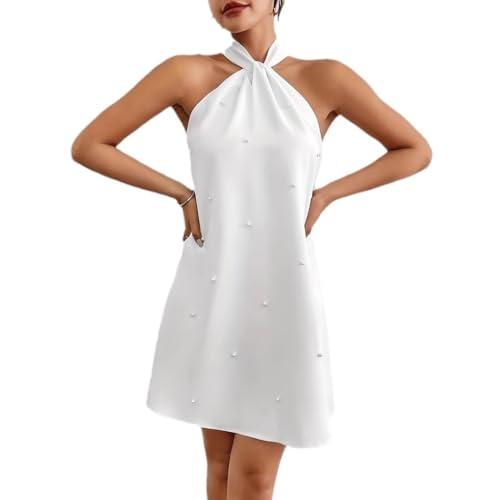 Women's Pearl Beaded Halter Twist Sleeveless Tie Back Dress Cocktail Mini Dress White M