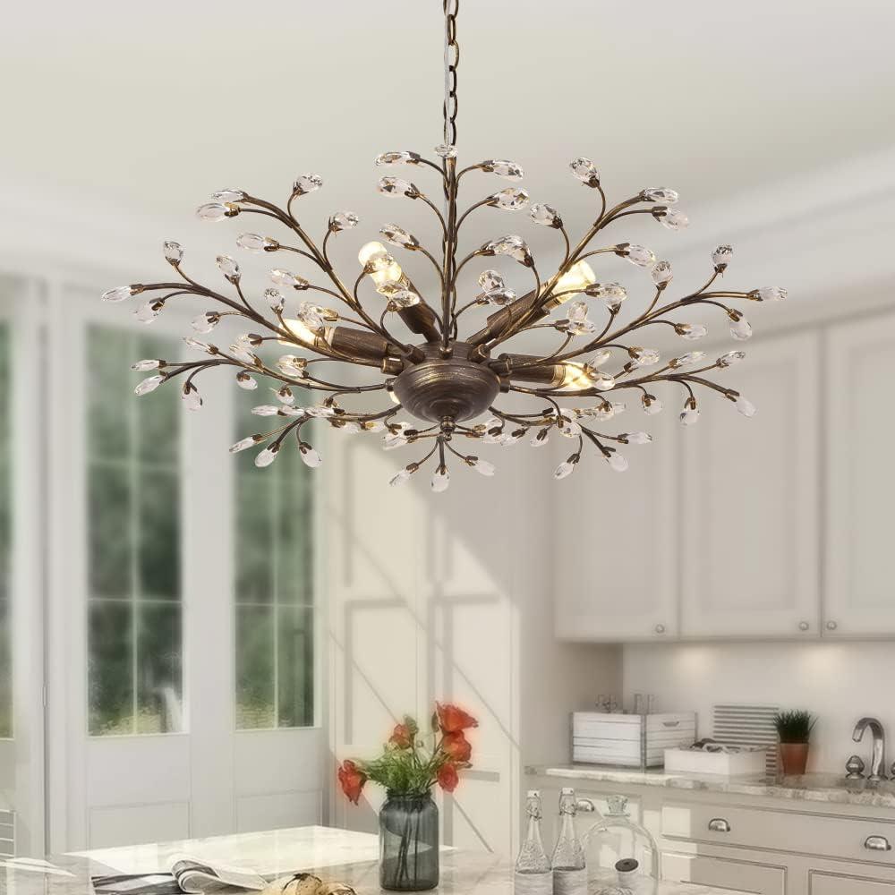 5-Light Branches Chandeliers, Vintage Crystal Ceiling Lights Flush Mount, Crystal Pendant Lighting for Island Dining Room Living Room Bedroom Hallway Foye