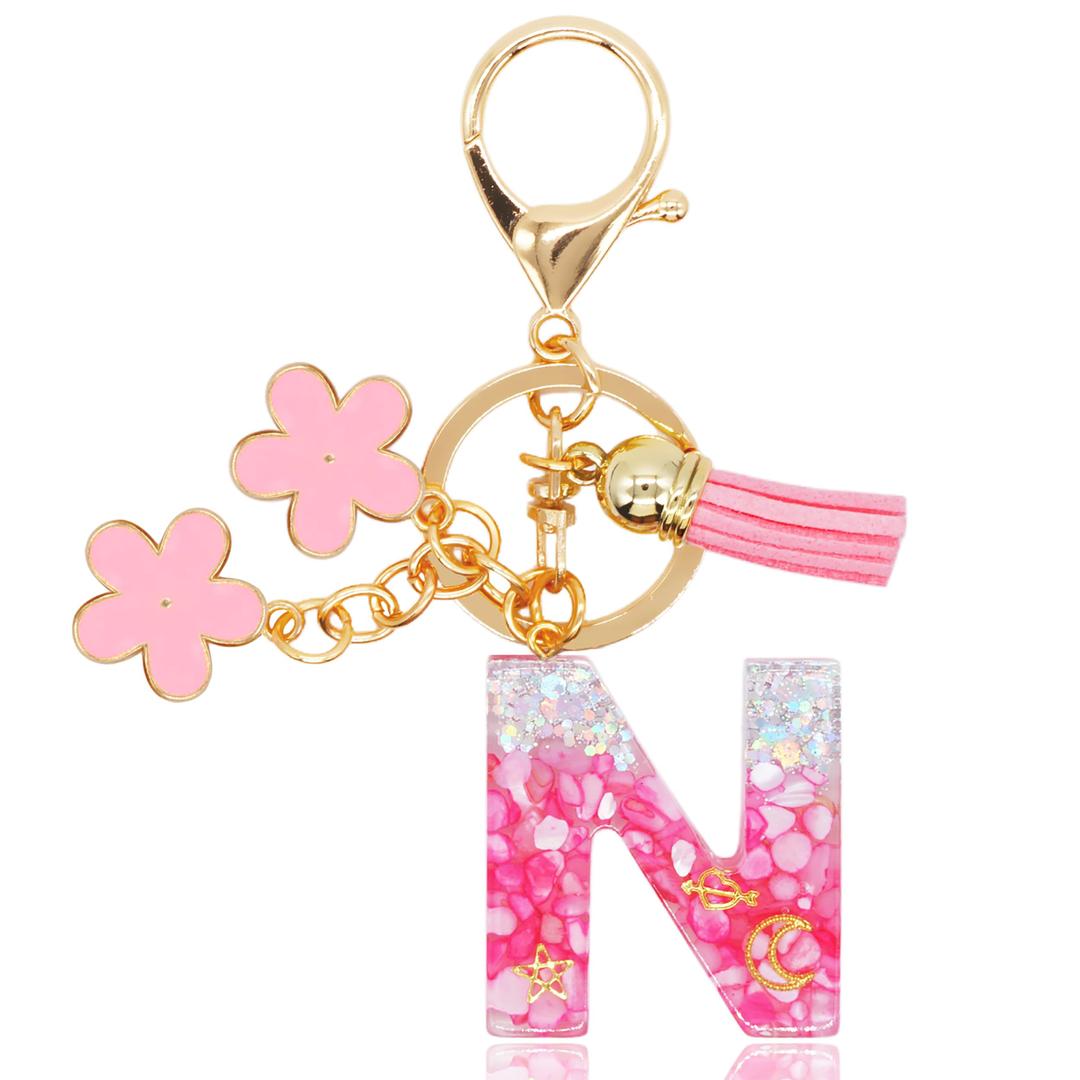 Alphabet Initial Letter Keychains for Women Pink White Tassel Flower Pendant Car Key Ring for Backpack Handbags Charm
