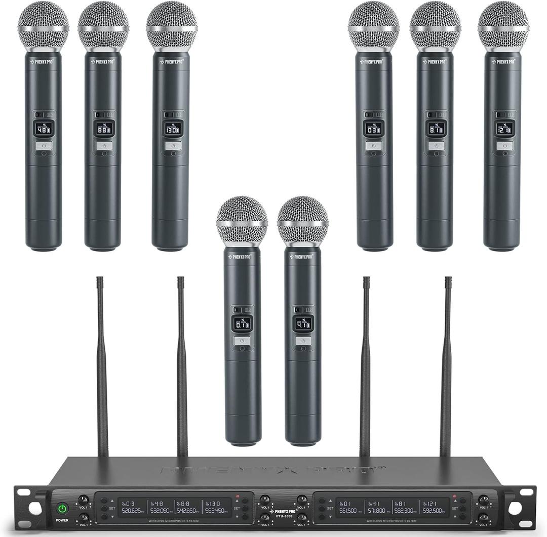Phenyx Pro Wireless Microphone System, 8-Channel Wireless Mic, w/ 8 Handheld Dynamic Microphones, Auto Scan,8x40 UHF Frequencies, 328ft Range, Mics for Singing,Church, Karaoke(PTU-6000-8H)