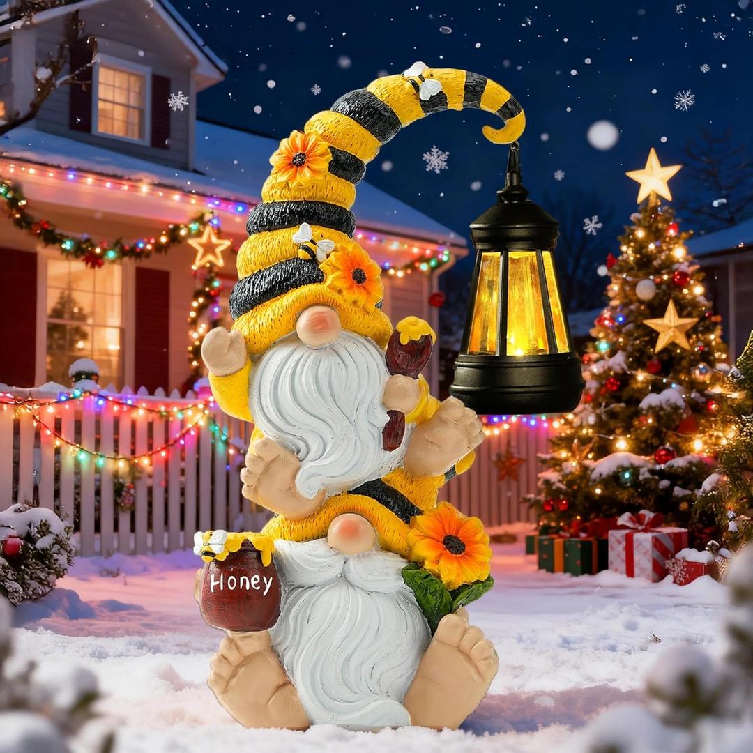 Solar Bee Garden Gnomes with LED Lantern  Waterproof Stacked Outdoor Decor for Yard, Patio  Unique Gnome Gift for Women, Mom, Grandma (Christmas Decor, Outdoor Statues) (Multicolour)