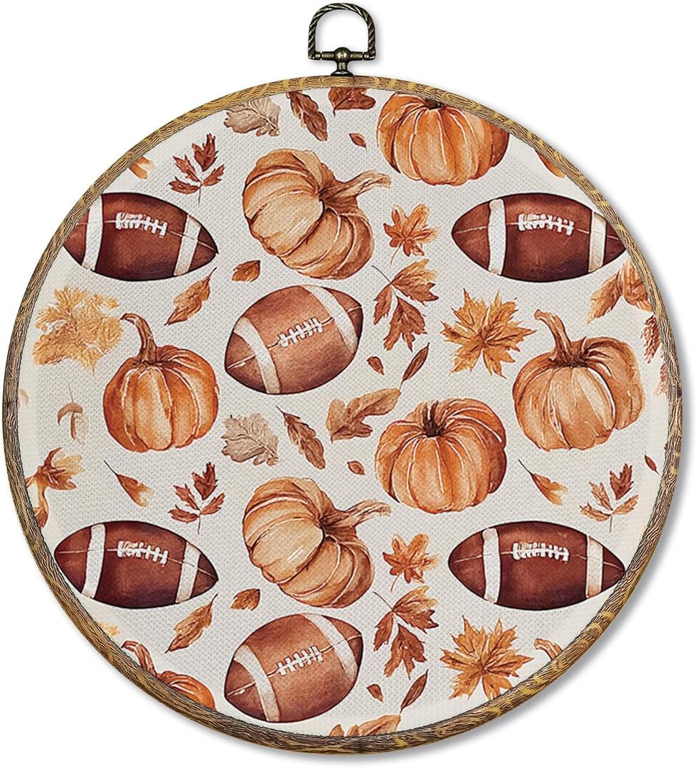 Sufamb Fall Football Pumpkin Round Wall Art Decor, Farmhouse Autumn Football Leaf Canvas Artwork Framed, Rustic Fall Wall Hanging Prints Decorations for Home Bedroom Living Room Decor, 10x10 Inches (rugby)