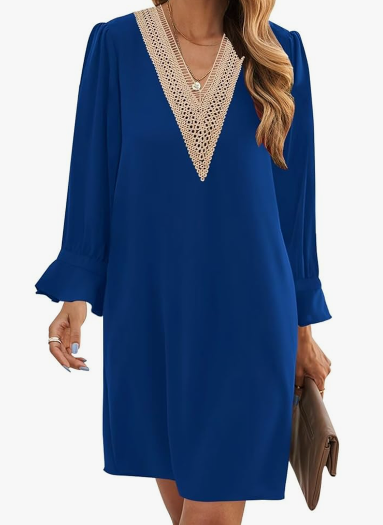 Wkior Long Sleeve Dress for Women V Neck Casual Cute Loose Flowy Swing Shift Dresses Size M
