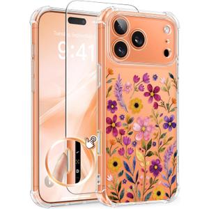 GVIEWIN for iPhone 17 Pro Case with Screen Protector, Upgraded [Full Camera Protection] [Non Yellowing] Floral Slim Shockproof Clear Women Phone Cover for iPhone 17 Pro 6.3" (Wild Bloom/Colorful)