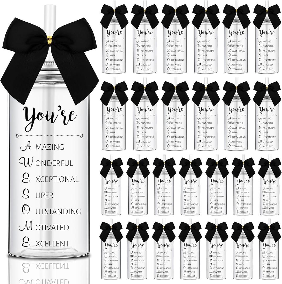 Skylety 24 Pack Employee Appreciation Gifts Bulk for Men You Are Awesome Black Cups 13.5 oz Plastic Skinny Tumbler with Straw Lid Inspirational Cups for Team Office Customer Coworker Staff
