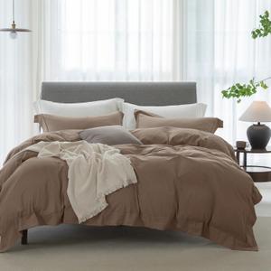 Cooling Queen Duvet Cover Set 3 Pieces-100% Washed Cotton with Chic Wide Trim Design Linen Like Textured Ultra Soft Cozy Bedding with Zipper Closure(Hemmed Light Brown,Queen 90"x90")