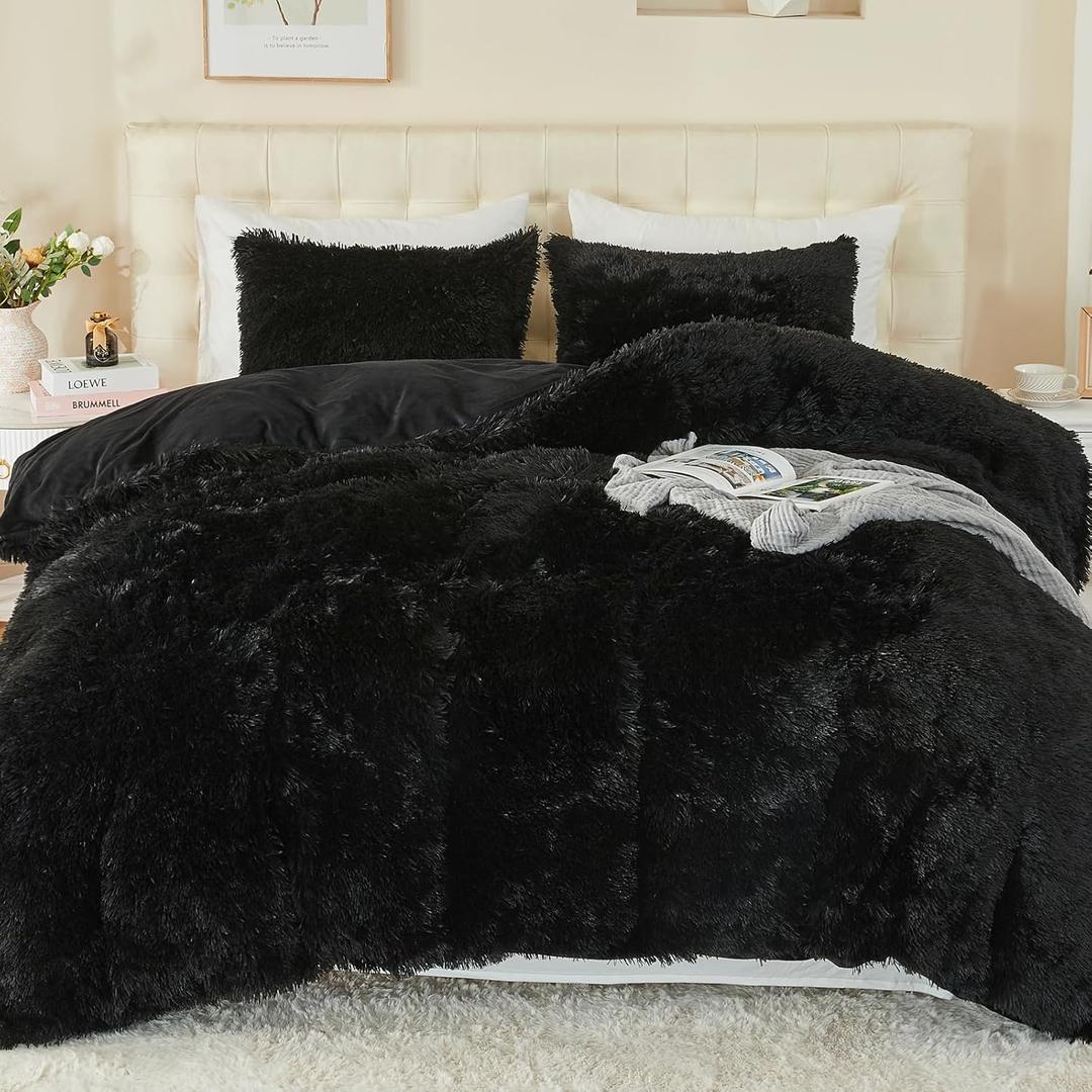 EMME Luxury Fuzzy Duvet Cover Set King Size Fluffy Comforter Cover Set for King Bed 2 Pieces Shaggy and Plush Soft Bedding Duvet Covers (Black, King)