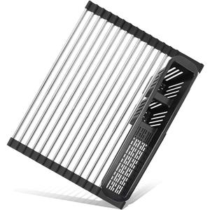 CLNGAI Roll Up Dish Drying Rack,Expandable Over The Sink Dish Drainer,Stainless Steel Kitchen Rolling Sink Rack with Utensil Holder,Length Up to 22.3" (Black)