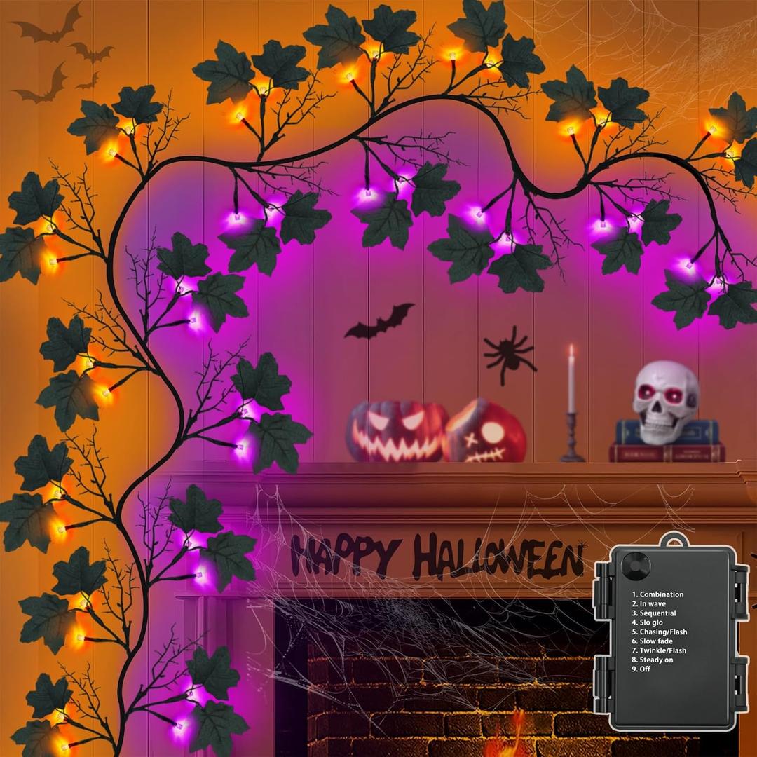6 Ft 54 LED Willow Vine Twig Decor Black Garland Halloween with Orange Purple Lights -Battery Operated 8 Modes & Timer for Indoor Halloween Decorations