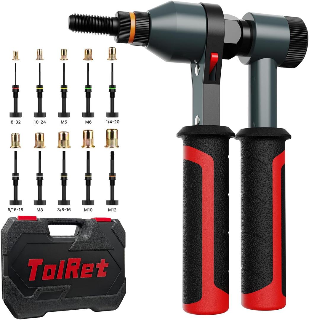 TOLRET Rivet Nut Tool Rivet Nut Kit, Rivnut Tool Kit with 10 Metric and SAE Mandrels, 100 Pcs Rivet Nuts Assortment Kit, Professional Ratchet Nutsert Tool Kit with Rugged Carrying Case, TR21