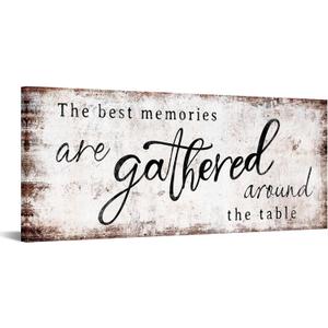 KREATIVE ARTS Gathered Around Table Quote Canvas Print 20x48 Inch Rustic Farmhouse Dining Room Wall Art Horizontal Kitchen Sign Family Food Blessing Decor Stretched Ready to Hang