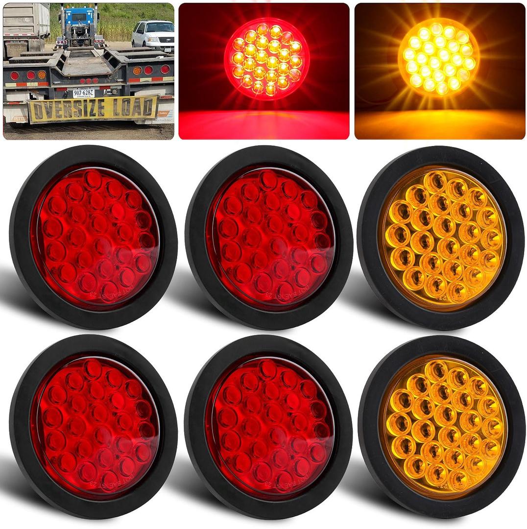 Partswcgg 6Pcs 4" Inch Round LED Trailer Tail Lights Kit - 4" Inch Round Led Stop Brake Tail Turn Signals Strobe Lights 24 LED Trucks RV w/Light Grommets 3 Prong Wire Pigtails Plug(4 Red + 2 Amber)