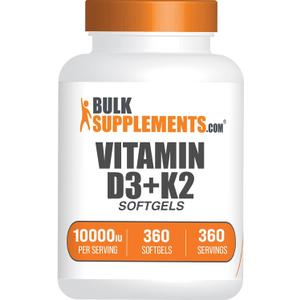 BulkSupplements.com Vitamin D3 + K2 10000 IU Softgels - K2 D3 Vitamin Supplement, for Immune Health - Gluten Free, 1 Softgel per Serving, 360 Count (Pack of 1), EXP: 02/28/2029