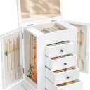 Emfogo Jewelry Box for Women, 5 Layer Large Wood Jewelry Boxes & Organizers for Necklaces Earrings Rings Bracelets, Rustic Jewelry Organizer Box with Rattan, Drawers and Mirror(Vintage White)