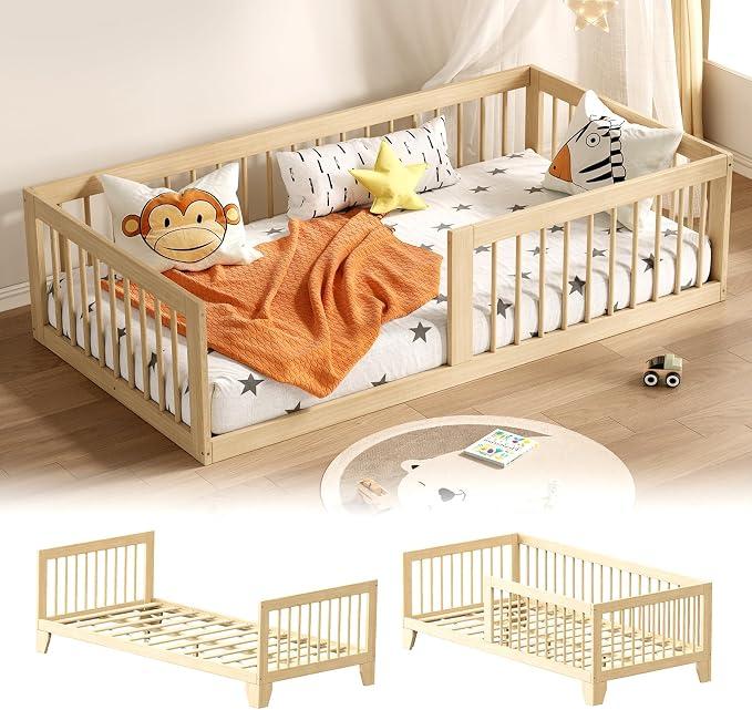 Toddler Bed, Variable Twin Floor Bed Frame with Removable Guardrails and Legs, Low Wooden Kids Bed with 10 Slats and Supporting keel, Crib-to-Bed Transition for Bedroom or Nursery