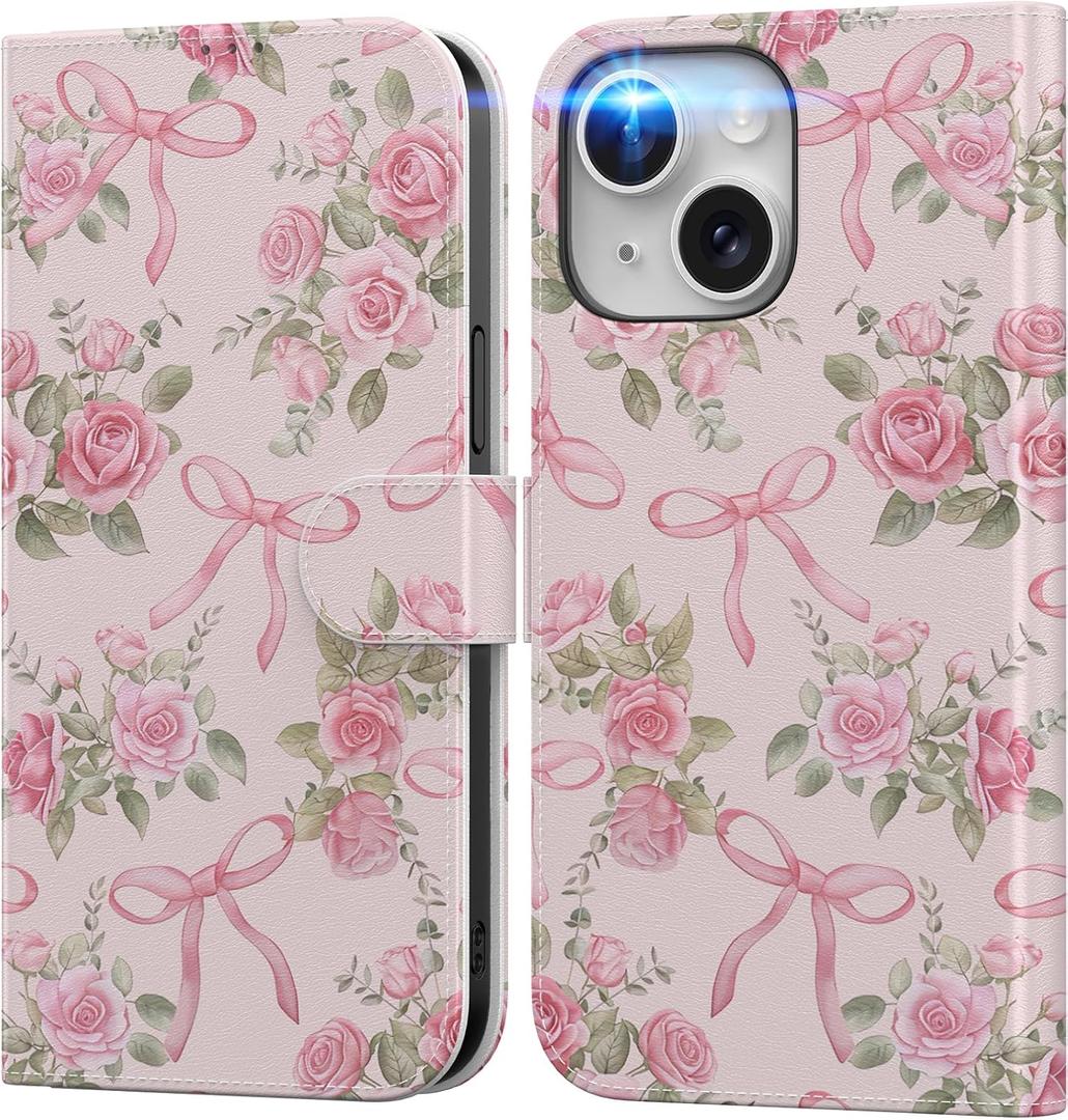 DEENAKIN for iPhone 15 Wallet Case with Card Holder + Cash Clip, RFID-Blocking, Military-Grade Drop Protection & UV-Printed Artwork, Magnetic Closure with Leather Kickstand - Pink Rose and Bows