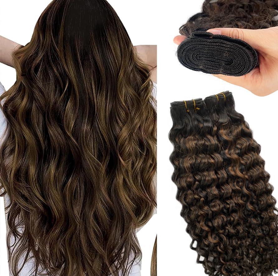 Water Wave Brown Highlight Hand Tied Weft Hair Extensions Human Hair 22 Inch Balayage Sew in Hair Double Weft 120G Deep Curly Black to Chestnut Brown Balayge Remy Hair Bundles