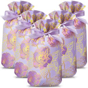 Pasimy 50 Pcs Purple Rose Gift Bag with Drawstring Purple Flowers Party Favor Bags Floral Plastic Candy Goodies Gift Package for Wedding Bridal Shower Birthday Mother's Day Party Favor Supplies, 23 cm x 15 cm