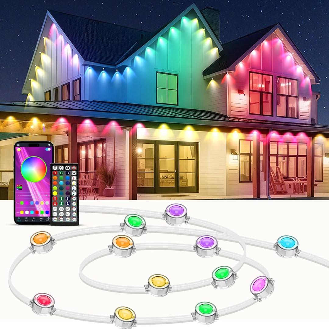 IVRICH 16.4FT Permanent Outdoor Lights, Smart RGB Eave Light with Color Changing, APP/Remote Control, IP67 Waterproof, Music Sync, Timer Function, for Christmas, Party, Holiday Decor