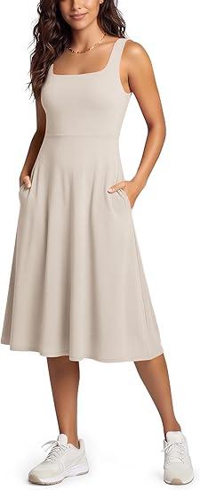 ODODOS Square Neck Midi Dress with Pockets for Women Summer Casual Sleeveless Sundress Flare Tank Dress, Taupe Small