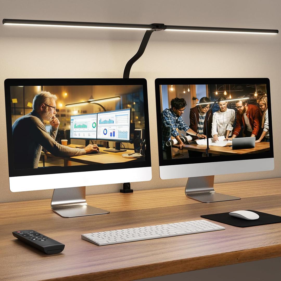LED Desk Lamp for Home Office, Remote Control Computer Desk Light Bright Table Lamp for Study Dimmable Desktop Lighting with Clamp Adjustable Gooseneck, Double Head, 24W, Black (Black with Clamp)