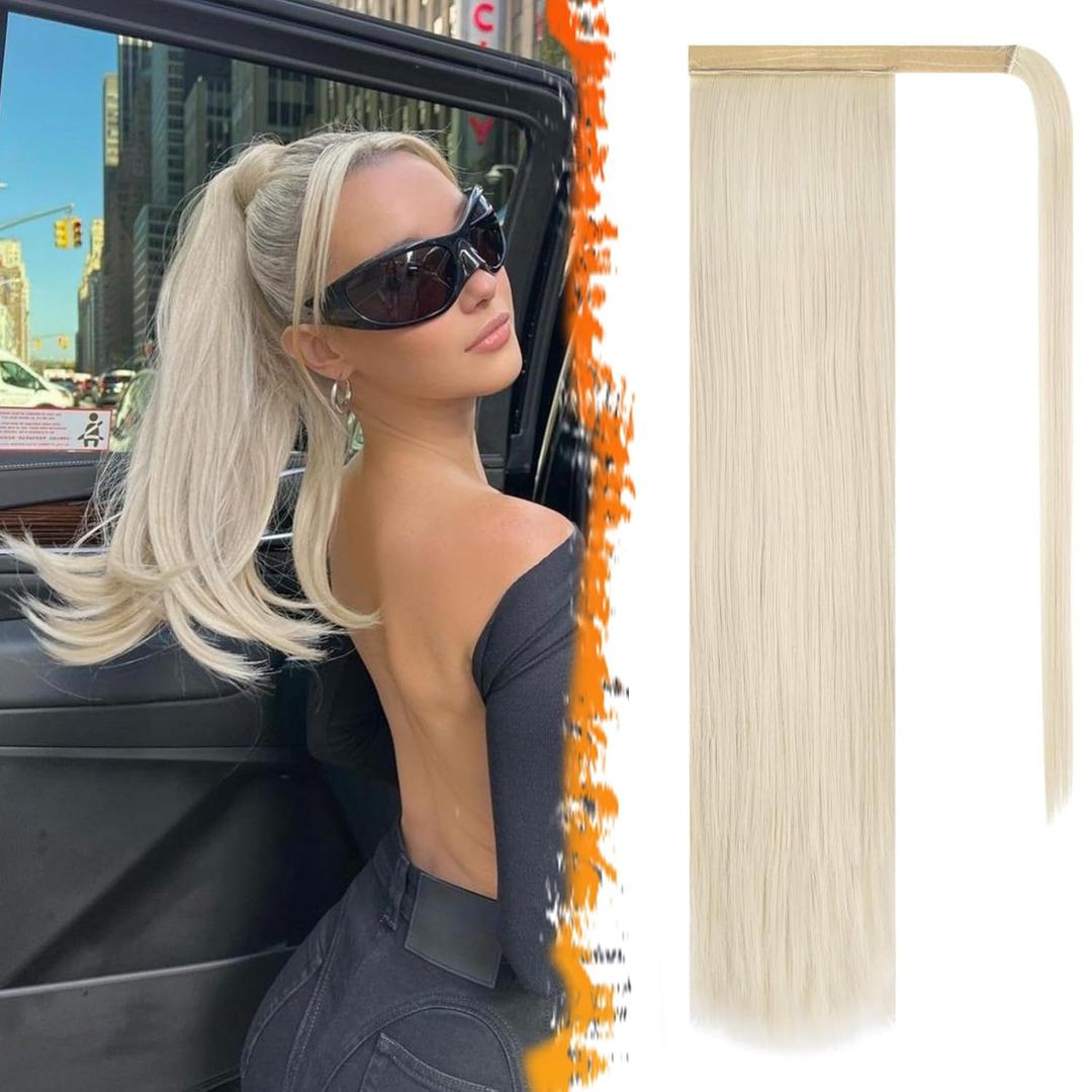 BARSDAR Ivory White Straight Wrap Ponytail Extension  20 Inch Long Straight Wrap Around Ponytails for Women, Synthetic Clip in Ponytail Extensions Ivory Blonde Pony Tails Hairpieces