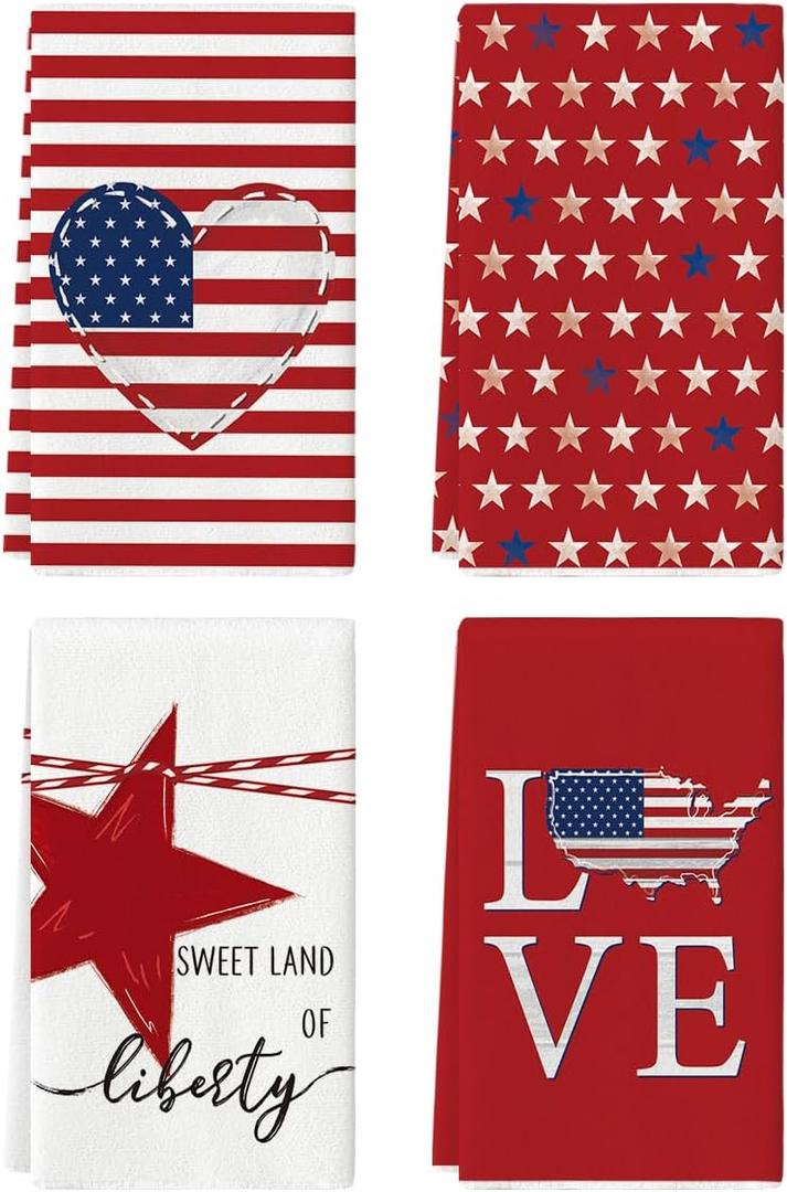 Artoid Mode Stripe America Stars Love Patriotic 4th of July Kitchen Towels Dish Towels, 18x26 Inch Memorial Day Decoration Hand Towels Set of 4