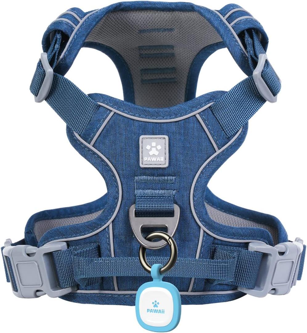 Pawaii No Pull Dog Harness with Pet ID Tag,Reflective Strips No Choke Front O Ring Breathable Mesh Adjustable Soft Padded Pet Vest with Easy Control Handle for Medium Dogs (M (Chest: 22"-27" ), Deep Sea Blue)