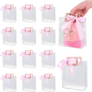 TSAZZZ 12 Pcs Clear Gift Bags With Handles Plastic Frosting PVC Goodie Bags With Pink Ribbon Small Gift Bag For Valentines Wedding Birthday Baby Shower Party Pink (6.3"*5.5"*2.8")