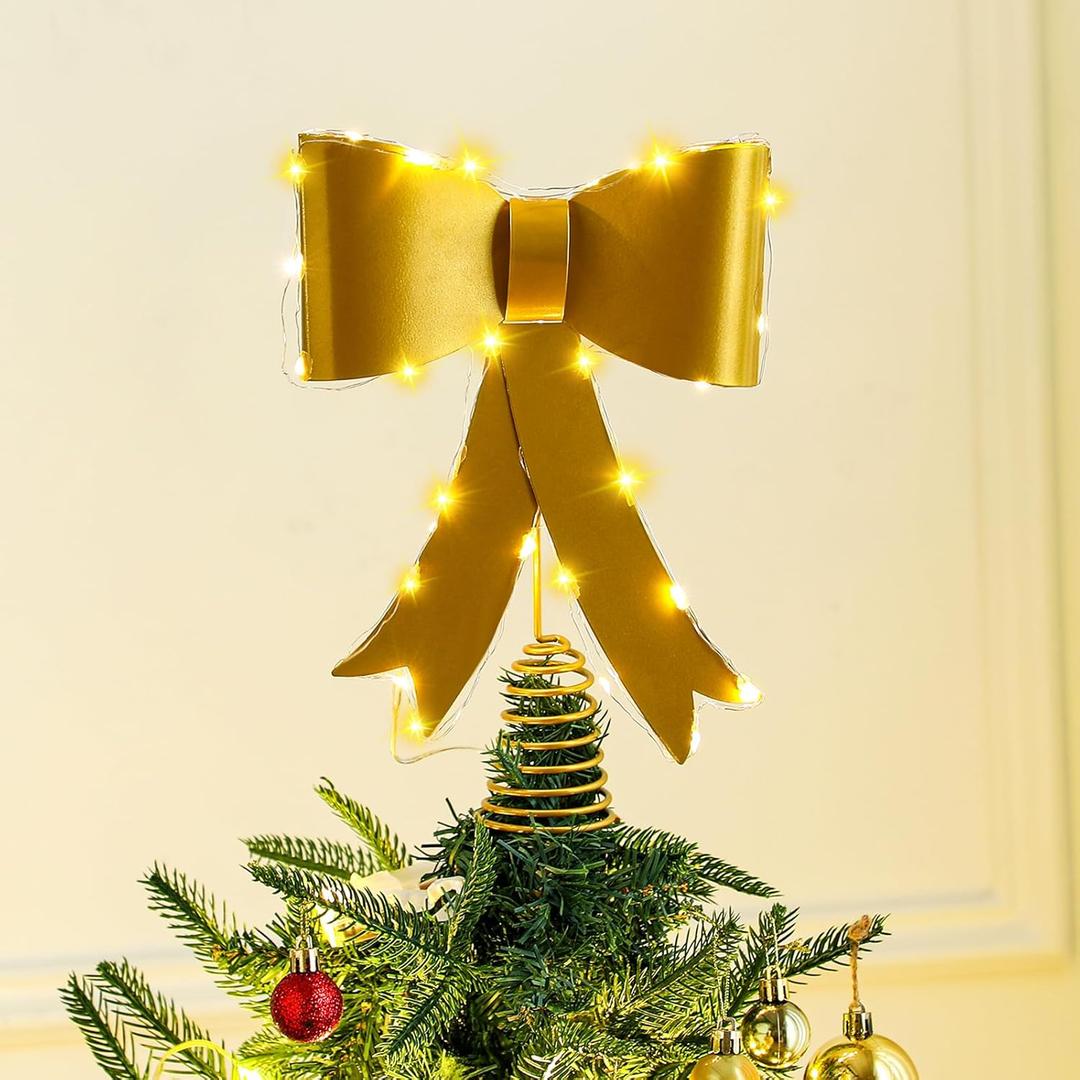 Gold Christmas Tree Topper Bow 10 x 12 Inches Large LED Metal Brass Bow Tree Topper Ornament with Clip Xmas Hanging Decor for Christmas Treetop Garland Wreath Decoration Home Outdoor Indoor