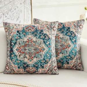 BUAEL Boho Throw Pillow Covers 18x18 inch Set of 2,Boho Vintage Carpet Pattern Antique Ethnic Decor Double Sided Pattern Cushion Cover Soft Pillow Case Living Sofa Room Bed Square Pillow Cover