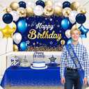 Birthday Decorations Navy Blue Gold - Happy Birthday Banner, Sash, Balloons, Tablecloth, Cake Topper, Candles,Table Decorations - 35pcs Party Decor for Men and Boys