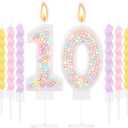 MTLEE Number 10 Birthday Candle with 12 Pcs Spiral Candles for Girls Macaron Pastel Rainbow Unicorn Pink Cake Topper for Sweet Theme Party Decoration