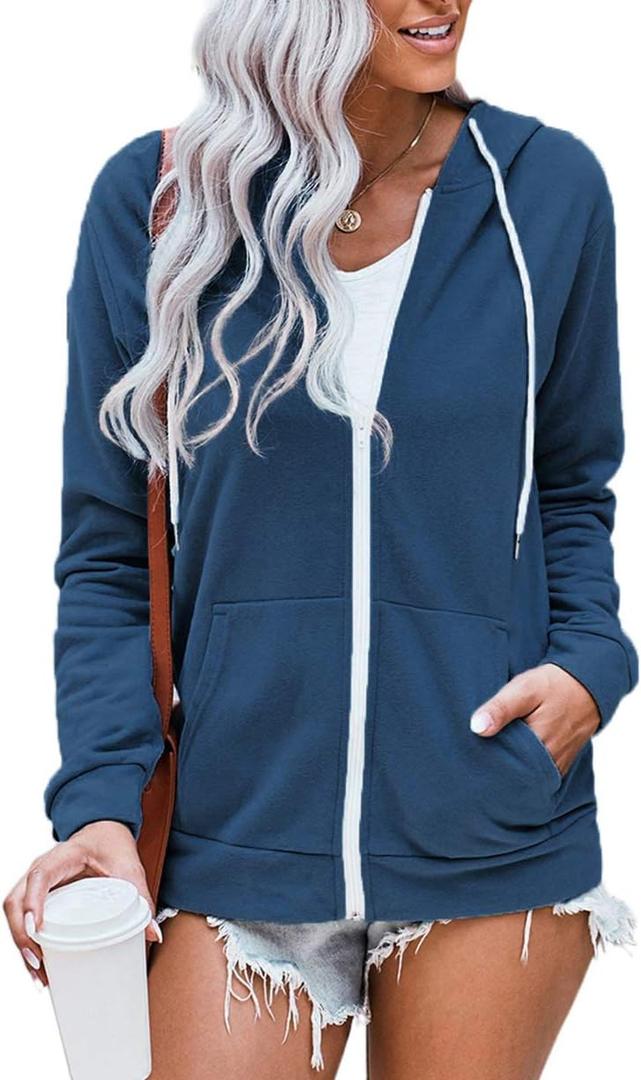 WROLEM Women Casual Full Zip Up Hoodie Comfy Loose Long Sleeve Sweatshirt Solid Color Jacket with Pockets (XX-Large, Navy)