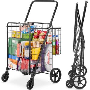VEVOR Shopping Cart, 110 lbs Large Load Capacity, Folding Grocery Shopping Cart with 360 Swivel Wheels, Double Baskets, Locking Latch, Heavy Duty, Easy Installation, for Laundry, Luggage Camping