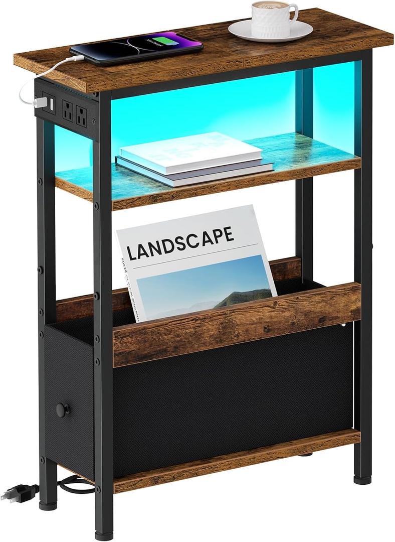 Creso hom Narrow Side Table with Charging Station and LED Light, End Table with 1 Fabric Drawer, Skinny Nightstand with USB Ports & Type-C, Slim Bedside Table for Bedroom, Living Room, Rustic Brown