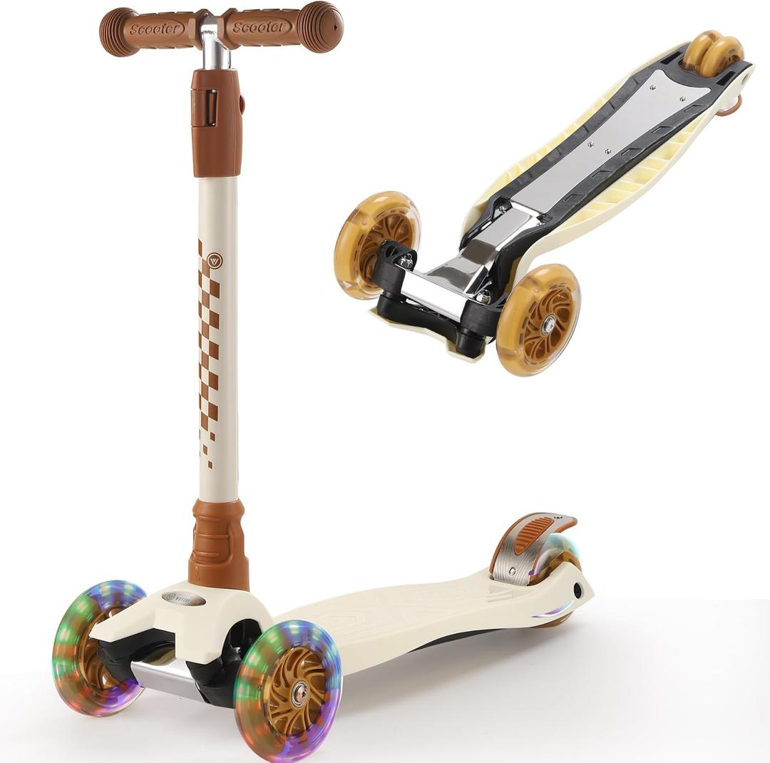 3 Wheel Scooter for Kids Ages 6-12,Kids Scooter with Light Up Wheels, Sturdy Deck Design, and 4 Height Adjustable Suitable for Kid Ages 3-12 (Beige)