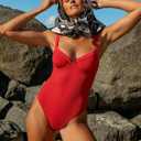 BERLOOK One Piece Swimsuit Women Tummy Control Ribbed Retro Bathing Suits Contrast Trim Knotted Sexy Slimming Swimwear (Red, L)