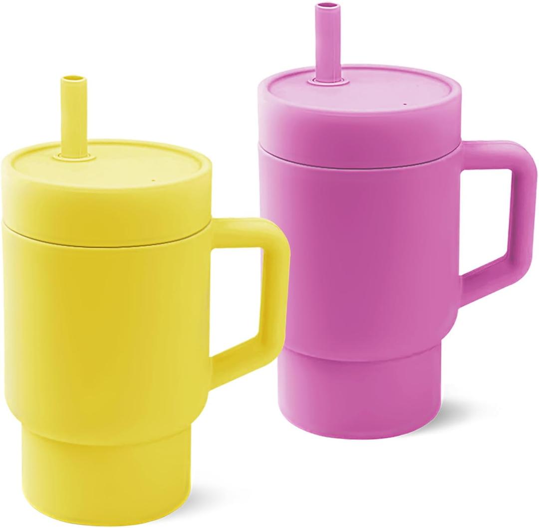 DLOCCOLD Silicone Straw Cup, Adorable Miniature Tumbler with Straw Handle, Tumbler Cup, 10oz, Easy to Clean (2 pack, Ocean and Lilac)