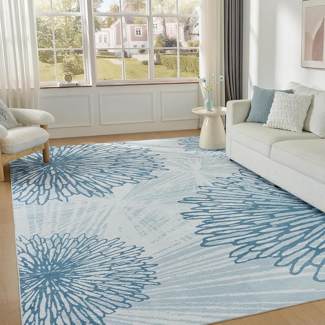 WITSHOCK 12x15 Washable Rug for Living Room,Modern Floral Distress Print Pattern Area Rugs,Stain Resistant with Non Slip Backing Carpet for Dining Room,Bedroom & Home Decor,Blue/Light Blue