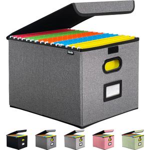 Qerlei File Organizer Boxes with Lids,Collapsible File Folder Organizer with Plastic Slide,Collapsible Filing & Storage Boxes for Office/Decor/Home (Drak Grey, 1 Pack)