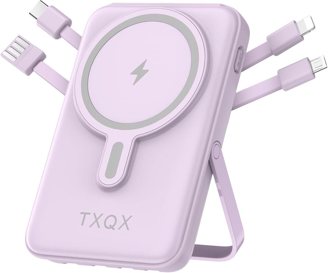 Wireless Portable Charger 10000mAh, Magnetic Power Bank with Built-in Cables LED Display,Mag-safe Battery Pack with Stand 22.5W PD Fast Charging for iPhone 16/15/14/13/12/Pro/Mini/ProMax (Purple)