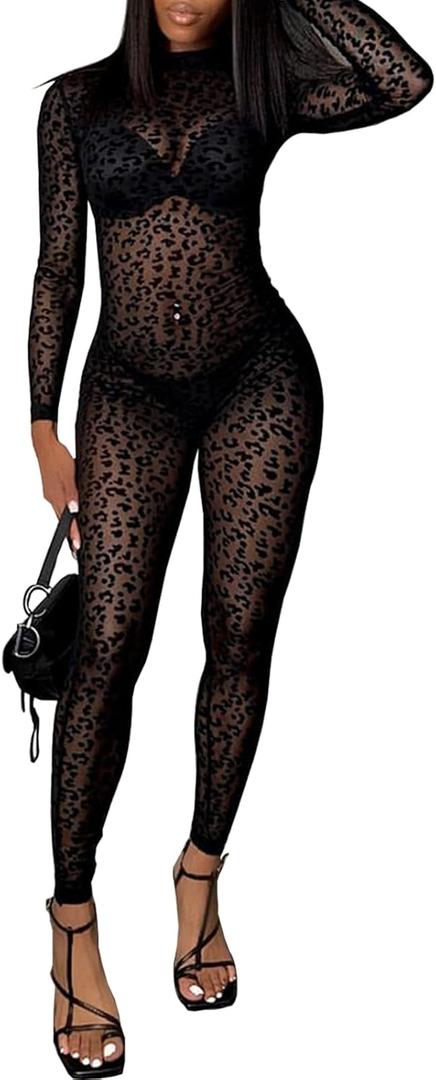 hibshaby Sexy Mesh Black Leopard Jumpsuits for Women Bodycon Outfits Streetwear Rompers (Small)