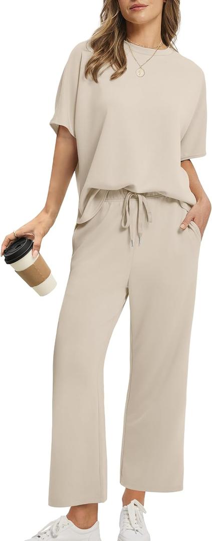 Sampeel Two Piece Sets for Women Summer Outfits Oversized Wide Leg Crop Pants Lounge Sets Airport Beach Vacation Clothes (Beige, XL)
