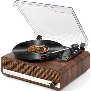 Vinyl Record Player with Speakers,3 Speed Turntable with Bluetooth, Aux, Headphone Jack, RCA Output and Auto Stop,Mirror Vintage Wooden Walnut