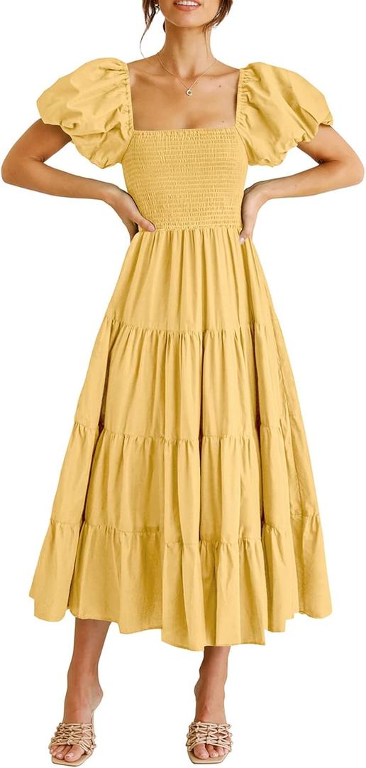 PRETTYGARDEN Women's Casual Summer Midi Dress Puffy Short Sleeve Square Neck Smocked Tiered Ruffle Dresses, Small